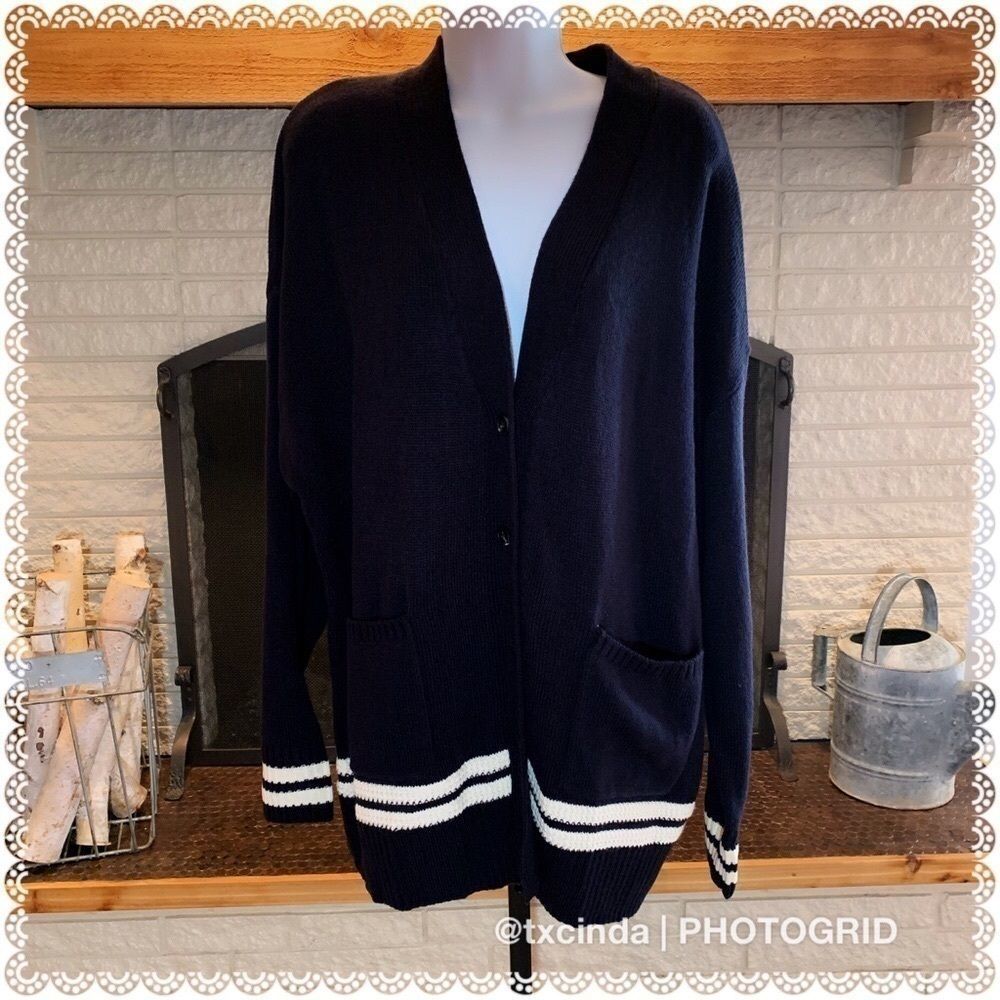&. LAYERED Collegiate Navy Blue & Cream Oversized Cardigan